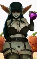 belt_buckle black_hair bra buckle clothing ear_piercing facial_piercing female food fruit garter_belt garter_straps genitals goblin gothica green_body green_skin hair jack-o'-lantern legwear lip_piercing nails peekay piercing plant pointy_ears potion_bottle pubes pumpkin pussy red_eyes sharp_nails sharp_teeth simple_background solo stockings teeth the_wandering_inn torn_clothing torn_legwear torn_stockings underwear