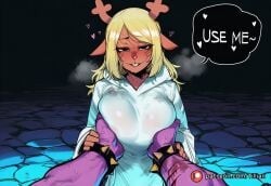 1boy ai_generated animal_ears antlers black_eyes blonde_hair blood blush bracelet breast_grab breasts colored_skin deer_ears deltarune english_text female freckles furry furry_female grabbing grin guided_breast_grab guiding_hand half-closed_eyes heart hood injury jewelry large_breasts long_hair looking_at_viewer mole mole_under_eye naughty_face noelle_holiday pov pov_hands robe smile solo_focus speech_bubble spiked_bracelet spikes straight susie_(deltarune) sweat sweating_profusely tillian