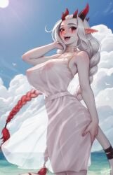 :d beach blue_sky borrowed_character braid braided_ponytail breasts cloud colored_skin day dress female highres horns large_breasts long_hair looking_at_viewer ocean open_mouth original outdoors personal_ami pointy_ears pussy rakka_(sindlad) red_eyes red_horns see-through_clothes see-through_dress sky smile solo standing sun tail white_dress white_hair white_skin