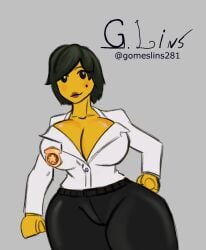 big_ass big_breasts big_thighs cleavage clothed ellie_phillips female female_only fully_clothed g.lins lego lego_city:undercover no_bra police_uniform policewoman revealing_clothes short_hair smilling thick_thighs yellow_skin