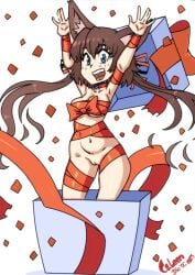 :d animal_ears animal_tail armpits arms_up artist_name blue_eyes box breasts brown_hair caleen_keemosn chibi cleft_of_venus collar commission confetti eyebrows_visible_through_hair fangs female female fox_ear fox_girl fox_tail gift gift_box hair_ribbon in_box in_container kemonomimi kitsunemimi long_hair looking_at_viewer mabeelz medium_breasts multiple_tails naked_ribbon navel nude oerba_yun_fang open_mouth original red_ribbon ribbon runes simple_background smile solo star_ocean star_ocean_anamnesis tail tied_hair twintails vagina very_long_hair white_background