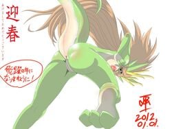 2013 3_toes 5_fingers anus ass breasts brown_hair camiod female fur green_fur green_skin hair horn japanese_text long_hair nipples nude plain_background pussy reptile scalie solo text white_background