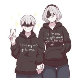 1boy1girl bad_id bad_pixiv_id black_blindfold black_hoodie blindfold clothed clothes_writing duo english_text expressionless funny grey_hair hand_in_pocket height_difference holding_hands hood_down hoodie implied_anilingus meme meme_attire meme_clothing mole mole_under_mouth nier:_automata nier_(series) pants romantic_couple short_hair shorter_male smile taller_girl thigh_gap v_sign wholesome yorha_2b yorha_9s yurifucker