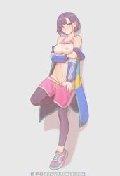 1girls arms_under_breasts bartolomeobari big_breasts blush breasts breasts_out cleavage clothes_lift clothes_pull dolphin_shorts female full_body jacket large_breasts leggings midriff mikazuki_shizuka nipples no_panties off_shoulder partially_clothed pink_eyes purple_hair pussy shaved_pussy short_hair shorts sneakers solo sports_bra sportswear uncensored undressing zom_100:_zombie_ni_naru_made_ni_shitai_100_no_koto