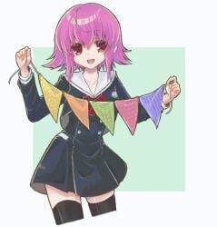 70lio arm_up black_dress black_jacket blue_background blush border buttons chaos;child closed_mouth commentary_request cropped_jacket double-breasted dress female hair_between_eyes jacket long_sleeves looking_at_viewer non-web_source onoe_serika outside_border purple_eyes purple_hair sailor_collar salute school_uniform short_hair sidelocks simple_background smile solo split_mouth star_(symbol) upper_body white_border white_sailor_collar