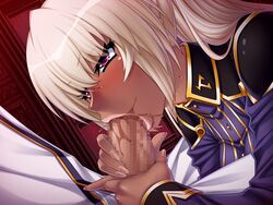 blush breasts censored dark_skin fellatio game_cg kagami kangoku_senkan kangoku_senkan_3 kila_kushan large_breasts lilith-soft oral penis saliva sweat tied_hair twintails