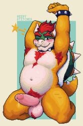 1boy anthro armpit_hair balls belly blush bodily_fluids body_hair bowser bracelet breasts chest_tuft collar digital_media_(artwork) dithering dragon erection eyebrows featureless_breasts freckles fur genital_fluids genitals hair head_horn hi_res horn humanoid_genitalia humanoid_penis jewelry koopa leaking_precum male male_only mario_(series) mythological_creature mythological_scalie mythology nintendo one_eye_closed overweight overweight_male penis pinup pixel_(artwork) pose precum red_hair scales scalie seedy_stitches_(artist) shell simple_background slightly_chubby smile solo spiked_bracelet spiked_collar spiked_tail spikes spikes_(anatomy) star stretching tail teeth_showing thick_eyebrows tuft turtle_shell vein veiny_penis wink yellow_body