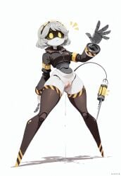 ai_generated android bottomless casual casual_nudity civitai clitoral_hood clitoris excessive_pussy_juice female female_focus female_only half-dressed hfketr illustrious_(stable_diffusion) jacket murder_drones pussy pussy_juice pussy_juice_drip robot serial_designation_v thick_thighs visor white_background white_body white_hair yellow_eyes