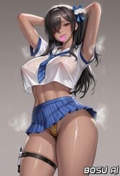 arms_up condom_in_mouth condom_wrapper covered_nipples dark-skinned_female goddess_of_victory:_nikke hands_behind_head hot leopard_print midriff naga_(nikke) nipples_visible_through_clothing panties posing posing_for_the_viewer school_uniform sexy standing steam steaming_body thigh_strap thighs wet_shirt