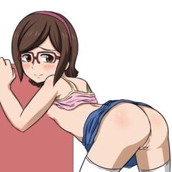 ass bent_over blush breasts brown_eyes brown_hair censored female female glasses gundam gundam_build_fighters hairband kousaka_china looking_back nipples pussy rountain shirt_lift short_hair simple_background skirt_lift small_breasts solo tears thighhighs white_background white_legwear