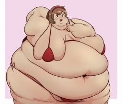 bbw belly_button bikini library_of_ruina malkuth_(lobotomy_corporation) overweight_female project_moon red_bikini ssbbw swiss_rolls