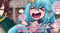 2025 aqua_(konosuba) bar bed_sheet begging blue_hair blush brown_hair cock_shock comic_dub debt dialogue drunk fael_art goddess hay heartbeat imminent_sex insult kono_subarashii_sekai_ni_shukufuku_wo! large_penis lehornysfx long_hair lying_on_back new_year opennsfwsp outdoors penis_awe pointyaux pussy rubbing rubbing_pussy rubyredva satou_kazuma sound stable starnax04 tagme talking thick_penis thighs throbbing throbbing_penis veiny veiny_penis video voice_acted yutava