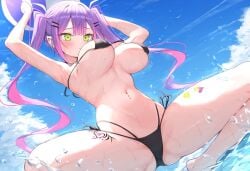 1girls ai_generated beach belly_piercing bikini crouching female hololive hololive_japan iroha111024 large_breasts micro_bikini ocean purple_hair solo spread_legs squatting swea sweatdrop thick_thighs tip_tease tokoyami_towa twintails virtual_youtuber water wet