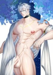 1boy abs big_penis blue_eyes blue_hair body_markings cheque_checking choker honkai:_star_rail large_pectorals large_penis male_focus male_only muscles muscular_male phainon_(honkai:_star_rail) solo solo_focus solo_male tagme