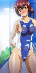 bosshi breasts brown_hair cameltoe embarrassed female female_only green_eyes hentai human innie_pussy large_breasts lowres mizugi_kanojo nipples one-piece_swimsuit screencap screenshot see-through sheer solo swimsuit t-rex_(animation_studio)