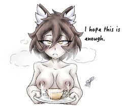 artist_signature breasts cat_ears catgirl doodlecat female female_focus female_only milk milking_breasts nipples nude nude_female original_character sonictale32 tastefulanatomy teacup text white_background