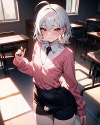 1boy adorable ahoge ai_generated black_nails blush bulge confession cute dripping dripping_precum femboy flat_chest long_sleeves looking_at_viewer mischievous_smile original original_character pale_skin pink_sweater red_eyes school school_uniform schoolboy short_hair smile smug white_hair white_shirt