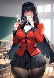 1girls ai_generated big_breasts black_hair blush breasts dress female female_focus fringe fringe_hair glowing_eyes jabami_yumeko kakegurui legwear long_hair looking_at_viewer miyuai perfect_ass perfect_body perfect_legs red_eyes school_uniform thick_thighs thighhighs