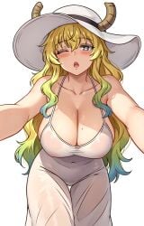 1girls alternate_version_available areolae areolae_visible_through_clothing big_breasts black_eyes blonde_hair blush breasts cetta_(cettadvd) cleavage clothing cosplay dress female female_only hasshaku-sama_(cosplay) hat headwear horns huge_breasts japanese_mythology long_hair mature mature_female mature_woman milf miss_kobayashi's_dragon_maid mole mole_on_breast mythology one_eye_closed quetzalcoatl_(dragon_maid) solo solo_female sun_hat two_tone_hair white_dress wink winking