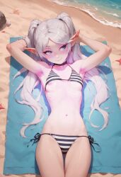 bikini eclr elf elf_ears flat_chest frieren frieren_beyond_journey's_end glowing_body glowing_breasts magic nipple_slip pentagram small_breasts sousou_no_frieren spell striped_bikini twintails white_hair