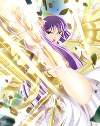 1girls armor athena_(saint_seiya) breasts female goddess kick leg_up long_hair metal_wings purple_hair saint_seiya saori_kido shounen_jump thighs upskirt violet_hair white_skirt wings yadokari_genpachirou