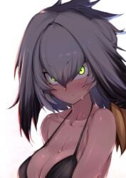 1girls bare_shoulders bikini bikini_top black_bikini black_hair blush breasts green_eyes grey_hair hair_between_eyes head_wings kemono_friends large_breasts looking_at_viewer shoebill_(kemono_friends) solo_female sweat swimsuit try two_tone_hair white_background