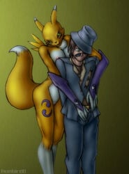 ass black_eyes breasts canine clothed clothing cuddling digimon eyewear female fox from_behind fur glasses gloves green_background green_eyes happy hat headgear humbird0 looking_down male nipples nude pants plain_background purple_fur pussy renamon smile standing suit white_fur yellow_fur