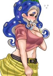 1girls belt big_breasts blue_hair blush breasts brown_eyes cleavage large_breasts lewa_nn long_hair looking_at_viewer navel nintendo octoling octoling_girl simple_background skirt solo splatoon tentacle_hair white_background yellow_skirt