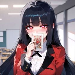 1girls ai_generated big_breasts black_hair blush breasts dress fringe fringe_hair glowing_eyes heart heart-shaped_pupils heart_symbol jabami_yumeko kakegurui long_hair miyuai red_eyes school_uniform