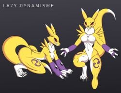 absurd_res anthro bandai_namco breasts clothing digimon digimon_(species) dipstick_tail female fur gloves handwear hi_res lazydynamisme markings multicolored_body multicolored_fur renamon solo tail tail_markings thick_thighs tuft two_tone_body two_tone_fur white_body white_fur wide_hips yellow_body yellow_fur