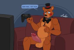 2025 4_fingers abstract_background animatronic anthro artist_name balls bear belly big_balls big_penis blue_eyes bodily_fluids bow_tie brown_body brown_fur claws clothing controller dialogue digital_drawing_(artwork) digital_media_(artwork) english_text erection finger_claws fingers five_nights_at_freddy's five_nights_at_freddy's_2 fur furniture game_controller gaming genital_fluids genitals hat headgear headwear hi_res machine male mammal mandyfoxy multicolored_body multicolored_fur nude nude_anthro nude_male on_sofa open_mouth overweight overweight_anthro overweight_male penis playing_video_game precum robot rosy_cheeks scottgames segmented_arms segmented_body segmented_legs signature sitting sitting_on_sofa sofa solo tan_body tan_fur text top_hat toy_freddy_(fnaf) two_tone_body two_tone_fur