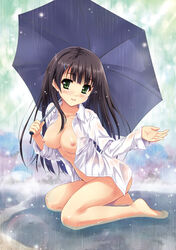 barefoot black_hair blush breasts female functionally_nude green_eyes kneeling long_hair naked_shirt navel nipples original rain raining smile solo tougarashi_hideyu umbrella water