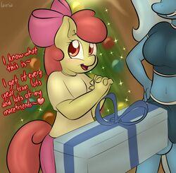 1futa 1girls age_difference apple_bloom_(mlp) balls balls_under_clothes blue_hair bottomless_skirt bow breasts christmas christmas_tree clothed clothes cub dark-skinned_futanari dialog dick_in_a_box english_text erection erection_under_clothes erection_under_skirt female filly friendship_is_magic furry futa_with_female futanari gift hair half-dressed happy heart holidays huge_cock humor hyper hyper_penis intersex lamiaaaa long_hair looking_away my_little_pony ornament penis penis_out penis_under_clothes penis_under_skirt plant red_eyes red_hair shirt skirt skirt_lift smile text tree trixie_(mlp) uncensored