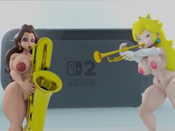 2girls 3d big_breasts blender blender_(software) blonde_hair blue_eyes brass_instrument brown_hair closed_eyes crown dld493v2 ear_piercing eyeshadow gloves large_breasts mario_(series) musical_instrument nintendo nintendo_switch_2 nipples nude opera_gloves pauline playing_instrument princess_peach puffed_cheeks pussy saxophone self_upload shiny_skin trumpet wind_instrument wink winking_at_viewer