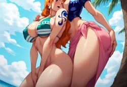 2girls ai_generated beach behind_another big_ass big_breasts big_butt bikini blush blushing_female blushing_profusely bubble_ass bubble_butt cleavage deep_cleavage dripping erect_nipples female female_only fingering_self grabbing_own_ass hand_between_legs hand_on_another's_ass hand_on_shoulder hand_on_thigh horny horny_female huge_ass huge_breasts implied_fingering implied_masturbation kneeling_female large_breasts massive_breasts motorboating nami nami_(one_piece) narrow_waist nico_robin no_bikini_bottom no_panties obscured_face one_piece open_mouth self_upload standing_behind sweatdrop sweating sweaty sweaty_body sweaty_breasts sweaty_butt thick_thighs wide_hips yeetyboi5000 yuri yuri