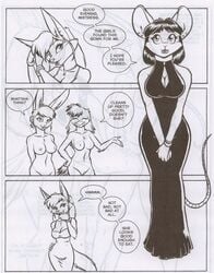 3girls anthro avian big_breasts breasts cleavage clothed clothes comic david_a_cantero dominatrix dress ear_piercing female fur furry genus lagomorph mouse multiple_girls mystery nipples nude piercing pussy rabbit rat_maze rodent text wide_hips yuri