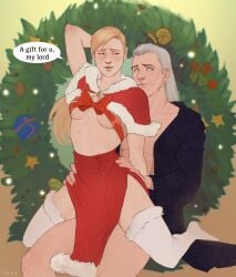 age_difference ambiguous_penetration blonde_female blonde_hair blush cassie_cage christmas christmas_clothing christmas_outfit clothing cow_girl cowgirl cowgirl_position female_on_top gray_hair implied_sex long_hair male/female mortal_kombat mortal_kombat_11 netherrealm_studios old_man older_male pelvic_curtain raiden raiden_(mortal_kombat) realistic realistic_anatomy realistic_breast_size sex_under_clothes sex_under_dress sex_under_skirt small_boobs small_breasts speech_bubble