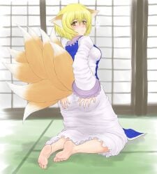 9_tails ass_grab ass_squeeze barefoot big_ass blonde_hair breasts color colored drawing embarrassed embarrassed_female foot_fetish fox_ears fox_girl fox_tail fully_clothed kuro_suto_sukii looking_at_viewer ran_yakumo soles tagme toes touhou white_dress white_skin yakumo_ran yellow_eyes
