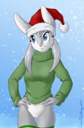 2013 4_fingers anthro blue_background blue_eyes bottomless brian_mcpherson christmas closed_mouth clothes cynthia_(brian_mcpherson) female female_only front_view fur furry furry_ears grey_fur grey_hair hair hands_on_hips hat holidays lagomorph long_ears looking_aside open_eyes plain_background pussy rabbit santa_hat smile snow solo standing sweater tied_hair twintails white_fur