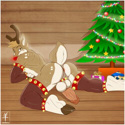 2013 aaron_(artist) anthro antler anus ass ball balls bell cervine christmas christmas_tree furry glowing holidays horn looking_at_viewer looking_back male male_only penis presents red_nose reindeer ribbons rudolph rudolph_the_red-nosed_reindeer rudolph_the_red_nosed_reindeer star tree yellow_eyes