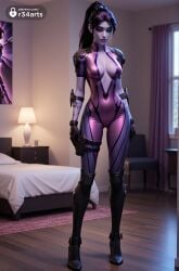 1girls ai_generated artist_name bed bedroom blizzard_entertainment bodysuit boots breasts center_opening colored_skin curtains full_body gloves head-mounted_display hi_res indoors lamp long_hair medium_breasts overwatch overwatch_2 pink_bodysuit ponytail purple_hair purple_skin r34arts solo standing sunglasses tattoo widowmaker widowmaker_(overwatch) window