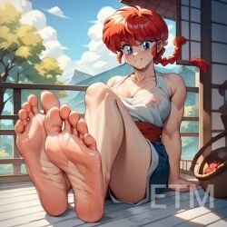 ai_generated clothing foot_fetish medium_breasts ranma-chan ranma_1/2 shorts sweaty_feet