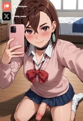 ai_generated ayase_momo big_breasts big_penis blue_skirt blush cock colored dick fluids futanari futanari/female nickythecreator penis pink_sweater selfie selfie_pose sexy sexy_body sexy_pose testicles white_body white_girl white_skin