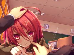 ahoge blush censored cheek_poking classroom clock cum ejaculation hand_on_another's_head handjob long_hair lying penis pinching pov red_eyes red_hair school_uniform shakugan_no_shana shana