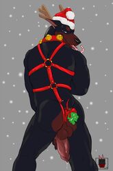 2013 anthro antlers ass balls bell blue_eyes candy_cane canine canine_penis christmas collar cum doberman dripping fur furry harness hat holidays horn linkin linkin_monroe looking_back male male_only mistletoe nude penis santa_hat simple_background snow tongue