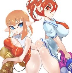 2girls aerospray aerospray_rg ass ass_cleavage ass_press ass_to_ass blue_eyes breasts cleavage inkling inkling_girl jtveemo light-skinned_female light_skin medium_breasts mini_splatling necktie nintendo octoling octoling_girl orange_hair panties red_eyes red_hair shirt simple_background splatoon splatoon_(series) splatoon_2 thighs tie white_background white_panties