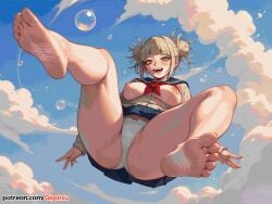 ai_generated barefoot boku_no_hero_academia breasts breasts_out bubbles falling feet foot_fetish foot_focus from_below gigatsu himiko_toga in_air nipples panties sky sole_female soles toes