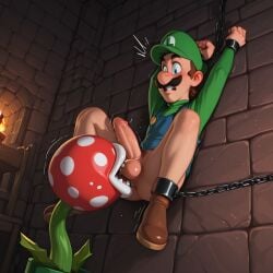 1ambiguous 1boy ai_generated balls blue_eyes bottomless bottomless_male brown_hair chains clothing duo erection facial_hair feet genitals green_hat green_shirt hat humanoid indoors interspecies licking_penis light-skinned_male light_skin luigi male male/ambiguous male_only mammal mario_(series) nintendo penis piranha_plant plant sex shirt super_mario_bros. teeth testicles tongue tongue_out