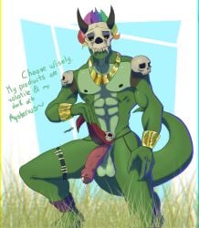 anthro balls bara barazoku flaccid lizard loincloth loincloth_lift male male_only muscles muscular penis scalie skull_mask solo solo_male swcoyle terraria text witch_doctor_(terraria)