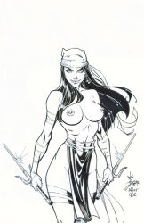 1girls big_breasts black_hair breasts elektra_natchios female marvel nipple_piercing nipples solo sword tagme_(artist) traditional_media_(artwork)